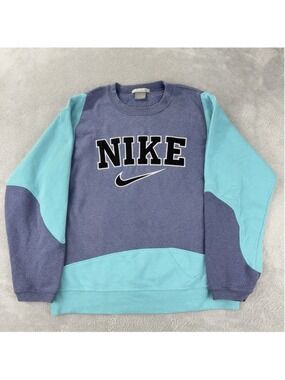Vintage Nike Men's Size Large Reworked Blue Retro Fleece Crewneck Sweater